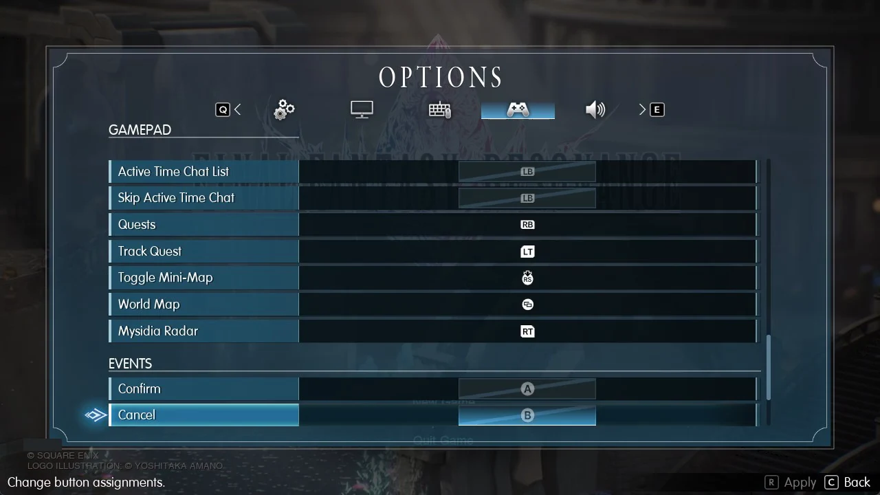 Gamepad tab showing the Events section with Cancel selected on the B button
