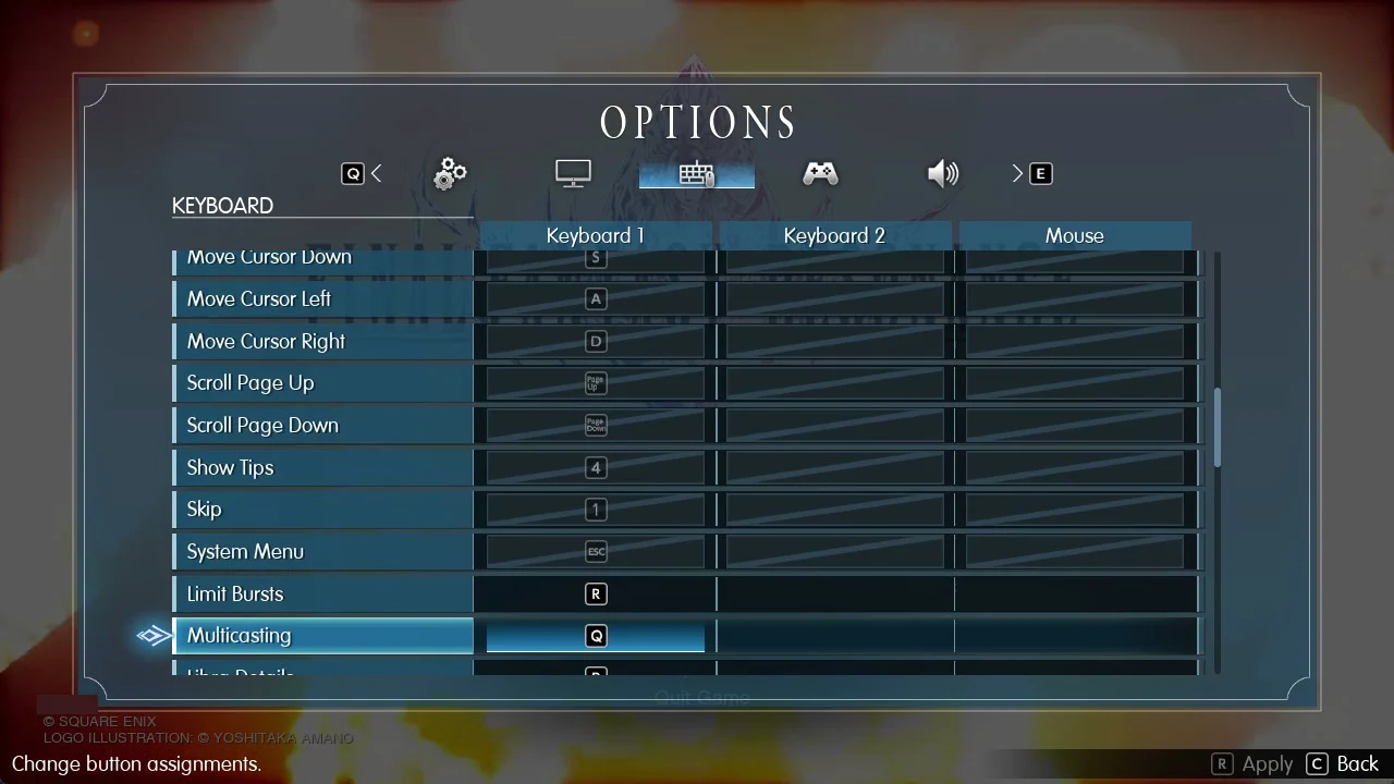 Keyboard tab in Options with the Multicasting row selected and bound to Q