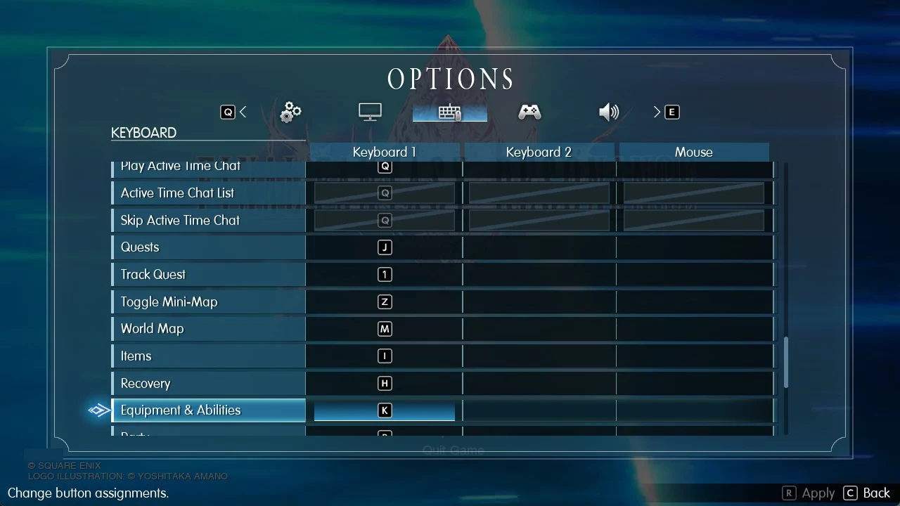 Field section of the Keyboard tab with Equipment & Abilities selected on K