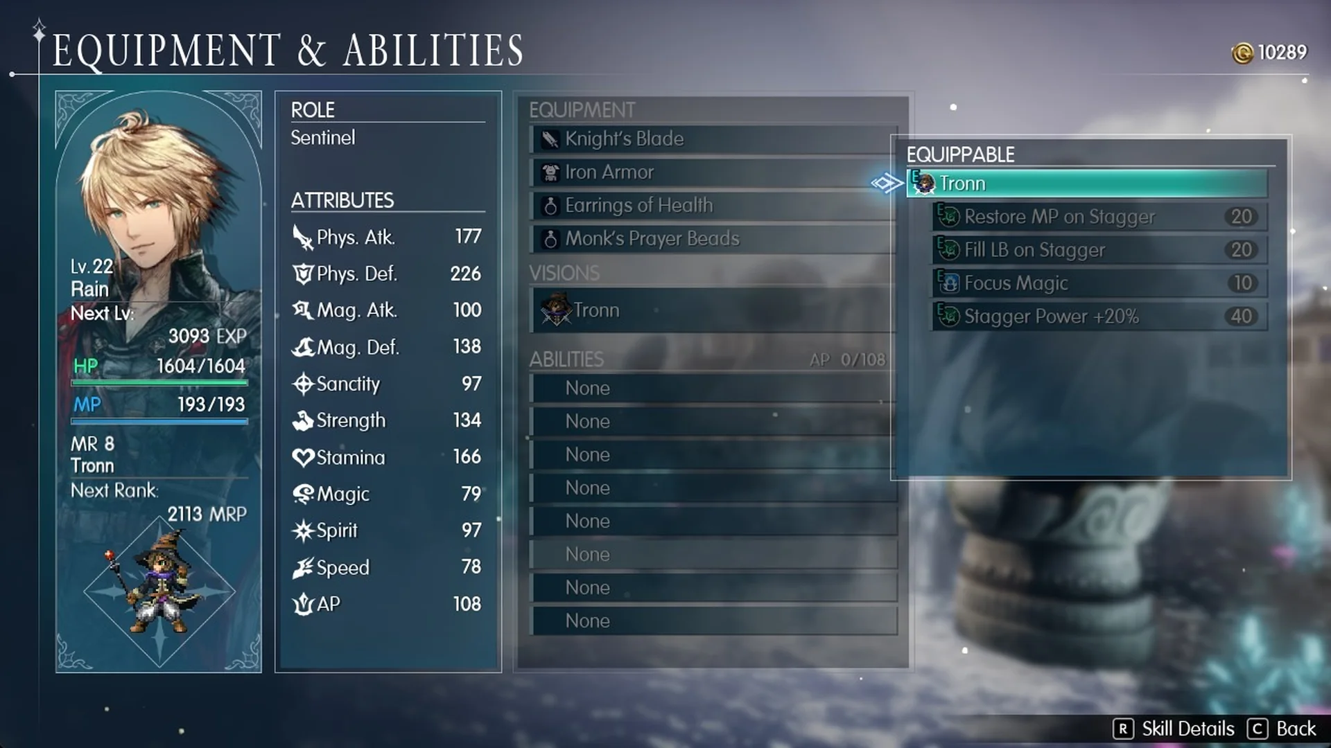 Equipment and Abilities screen with Tronn's abilities