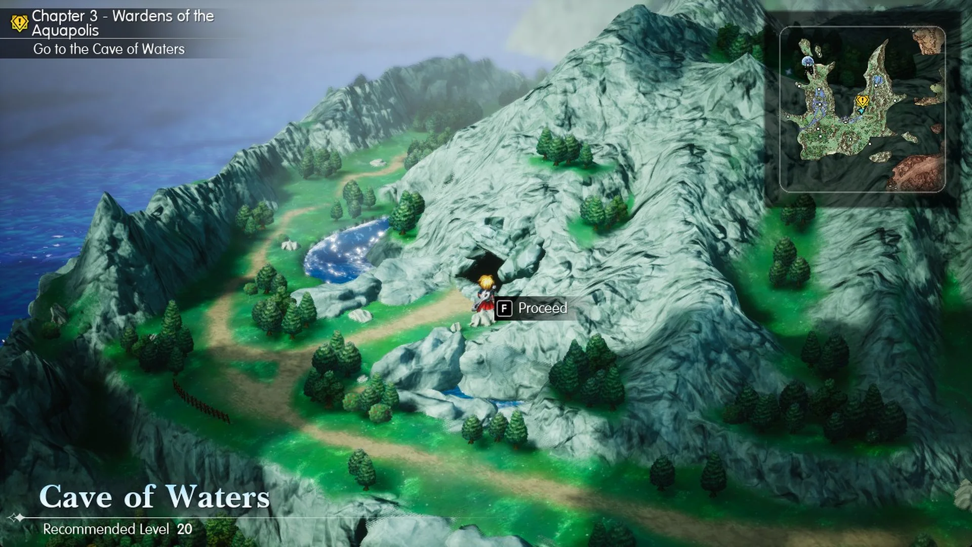 Cave of Waters entrance on the World Map with the Recommended Level 20 banner and F Proceed