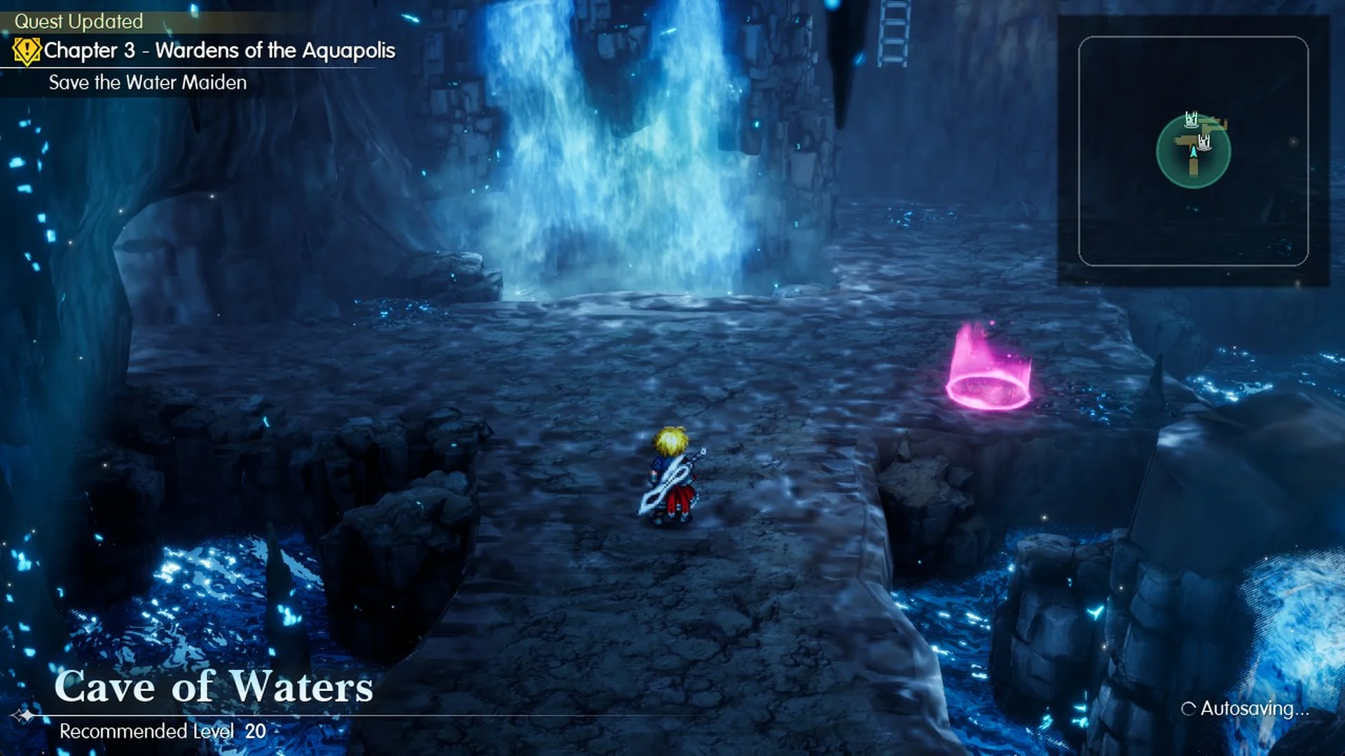 Cave of Waters 1F with the pink save point and the objective Save the Water Maiden
