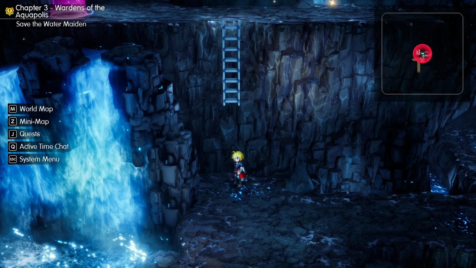 Rope ladder rolled up on the 1F cliff of the Cave of Waters