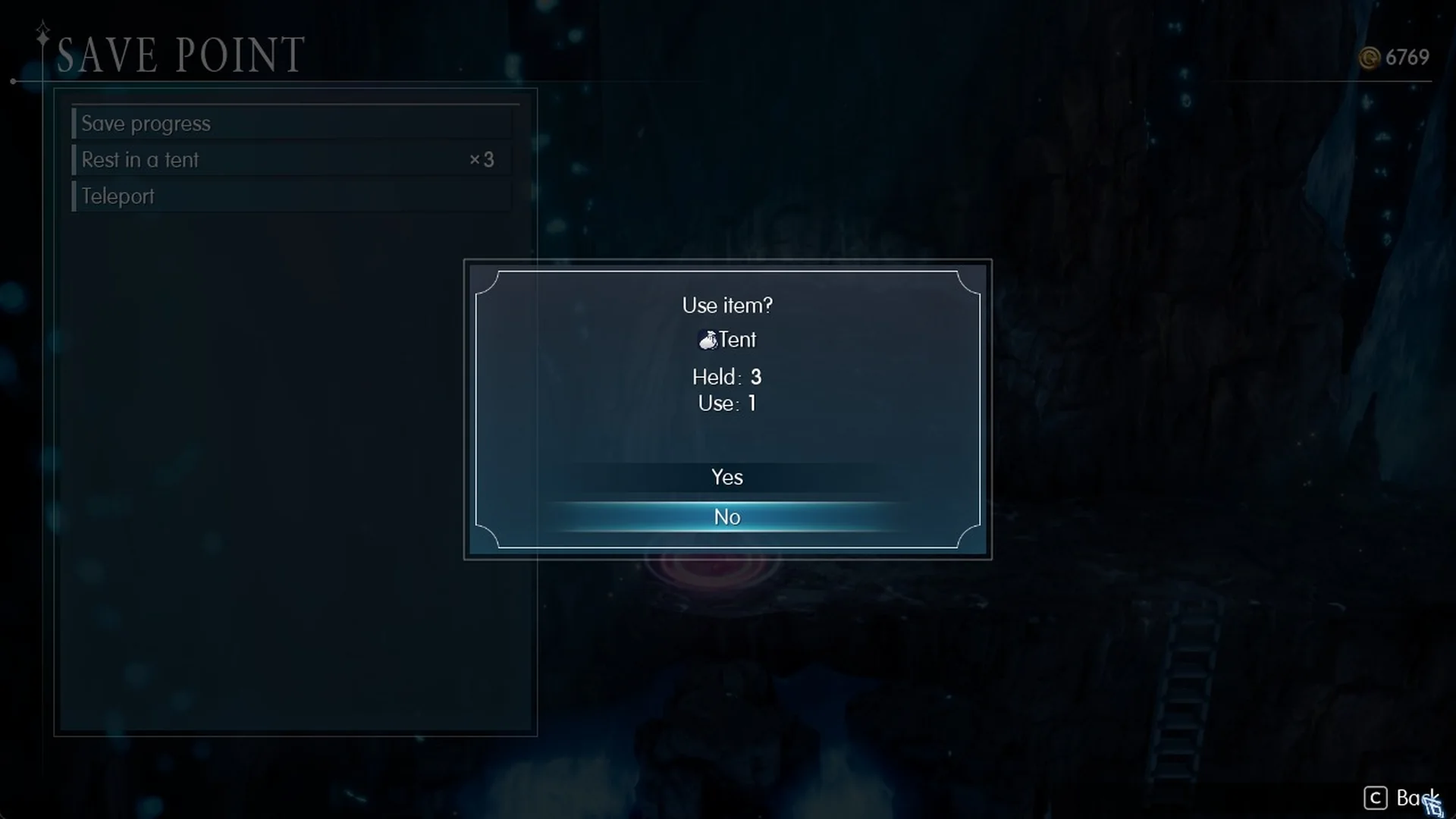 Save point menu: Use item? Tent, Held 3, Use 1