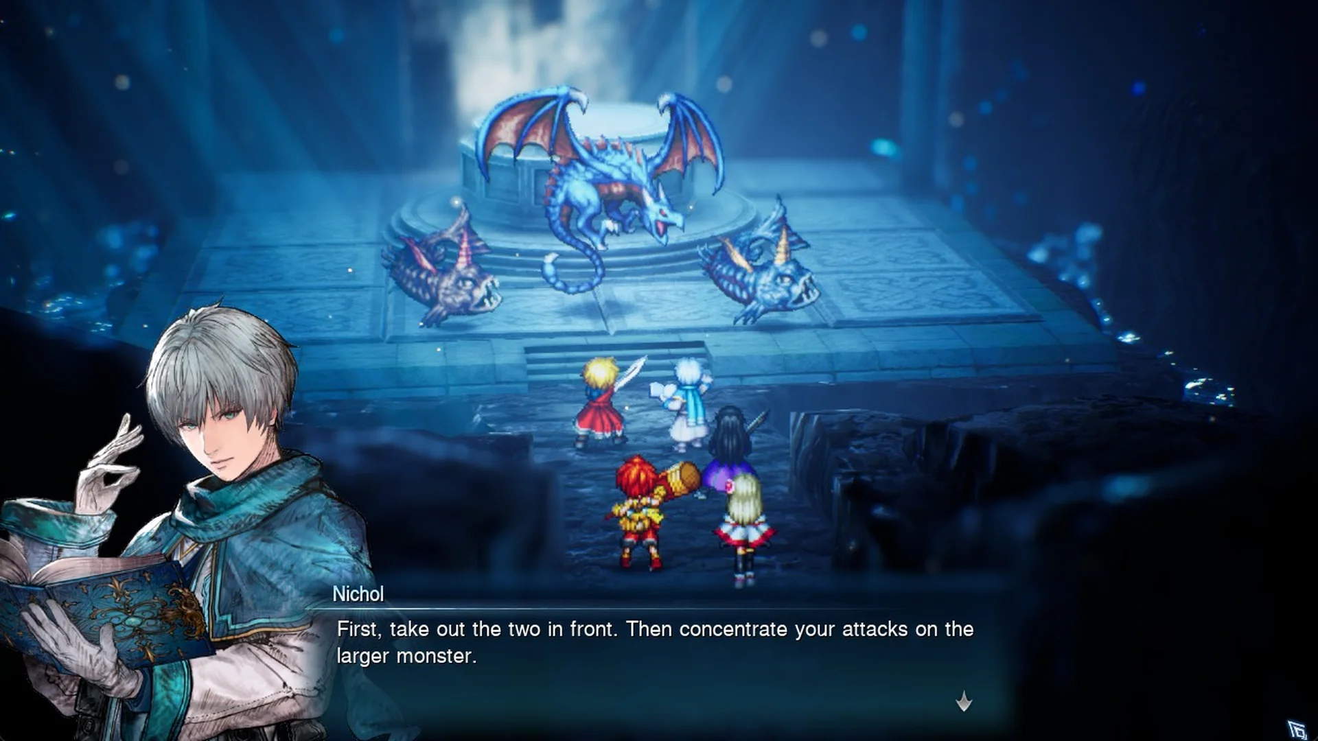 Nichol: First, take out the two in front. Then concentrate your attacks on the larger monster.