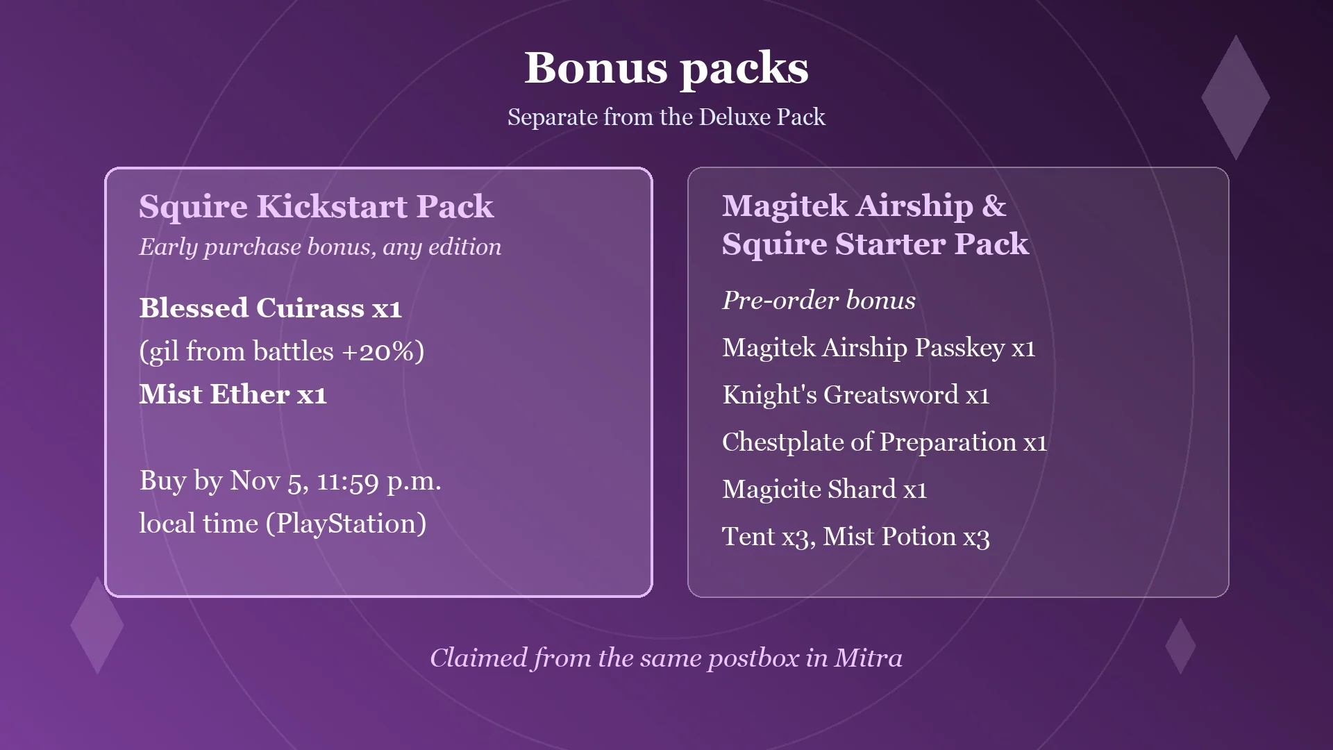 Squire Kickstart Pack and Magitek Airship and Squire Starter Pack contents in Final Fantasy Resonance