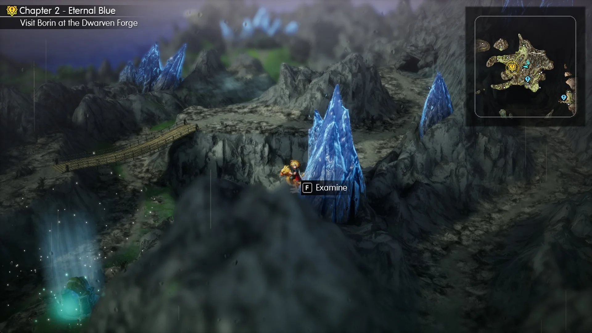 Examine prompt at the blue crystal below the Mt. Thunderclap exit