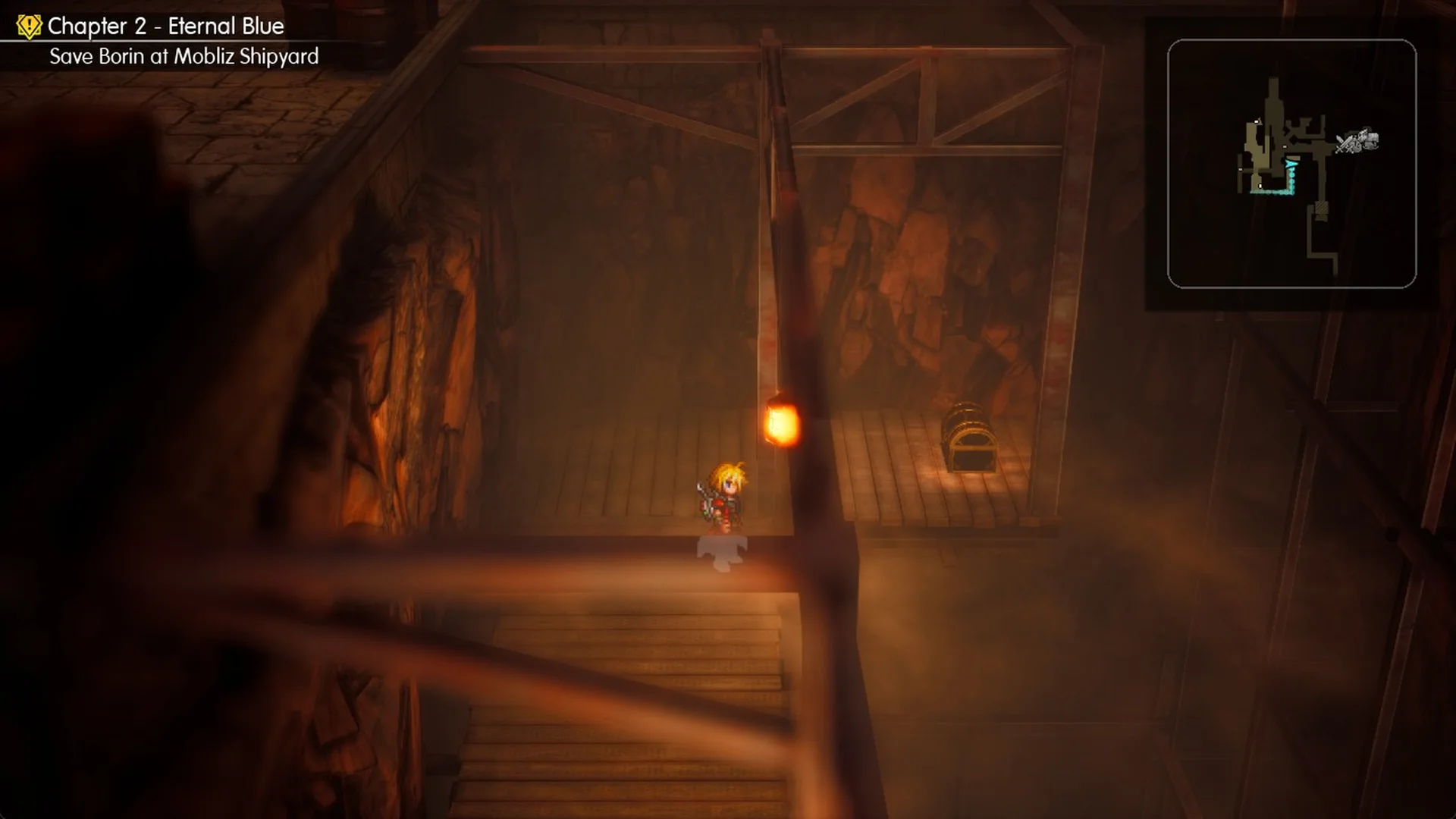 Wooden walkway along the cliff with the Headband chest on a plank landing