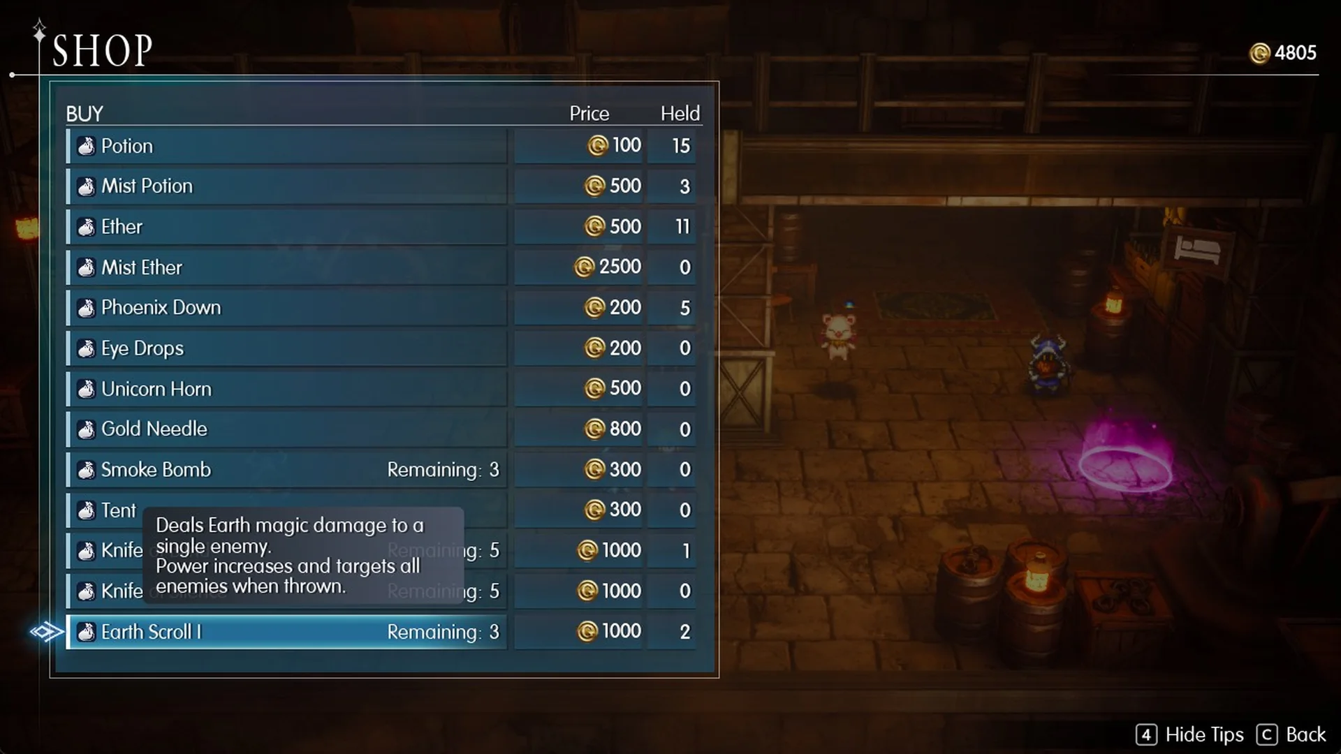 Earth Scroll I tooltip in the Dwarven Forge item shop, 1,000 Gil, Remaining 3