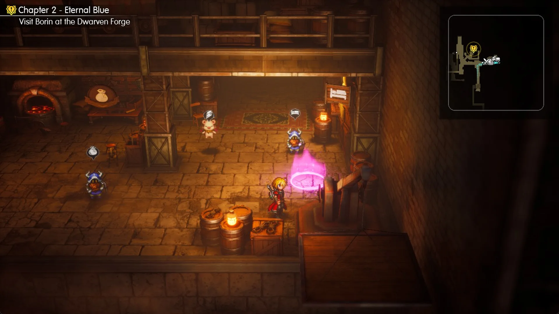 Pink save circle in the east wing of the Dwarven Forge main floor