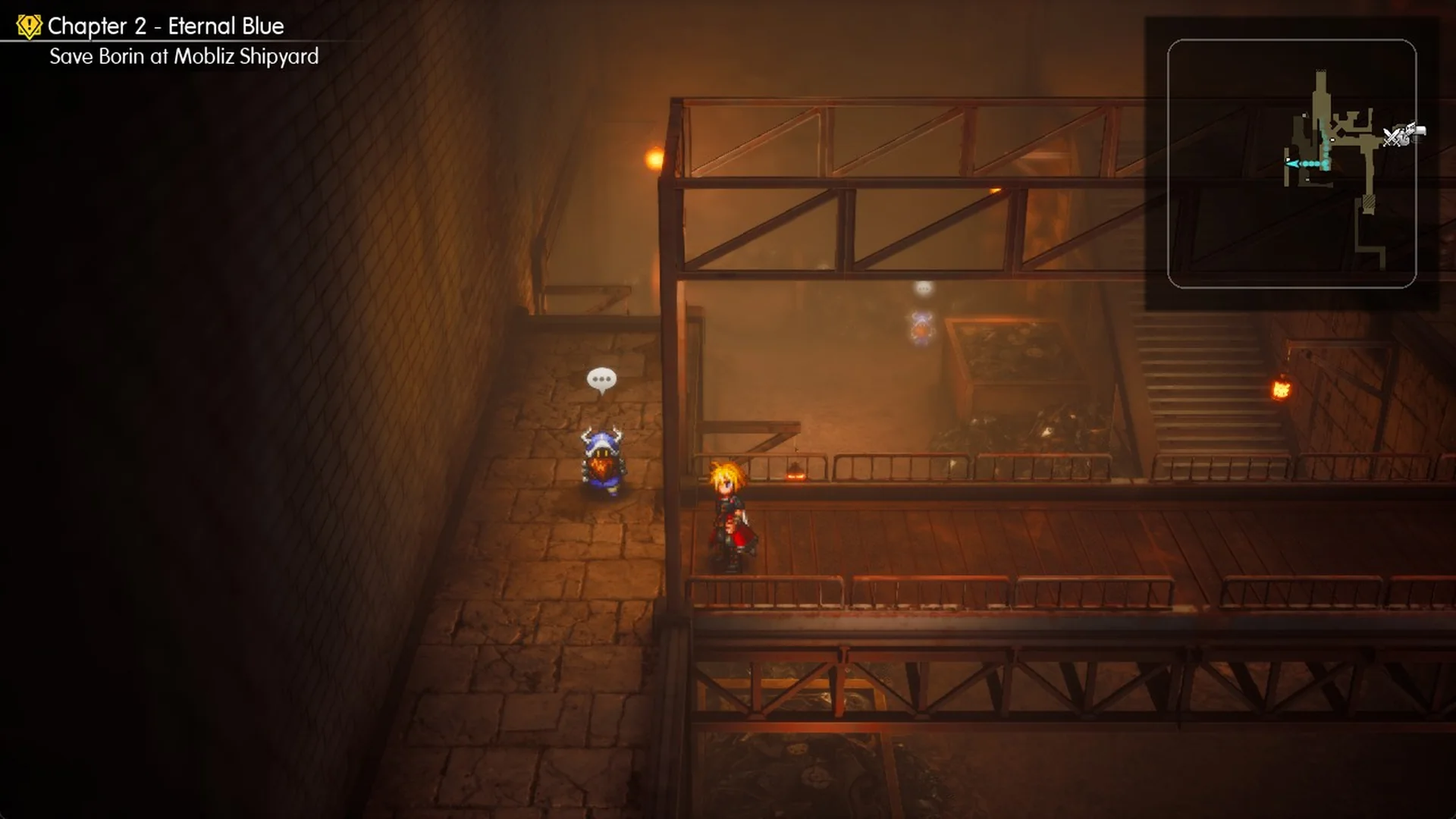 Railed iron walkway running west over the drop on the Dwarven Forge main floor