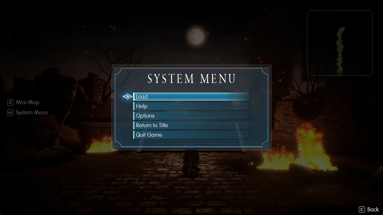 System Menu open over gameplay, listing Load, Help, Options, Return to Title and Quit Game