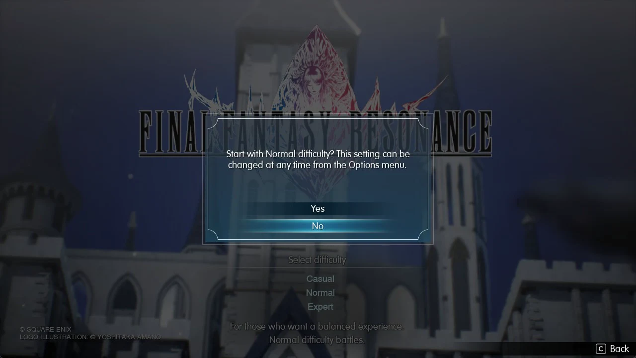 Confirmation prompt asking to start with Normal difficulty, with Yes and No options
