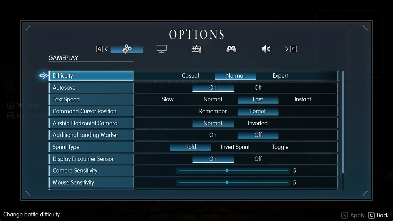 Options Gameplay tab with the Difficulty row in the first position, set to Normal