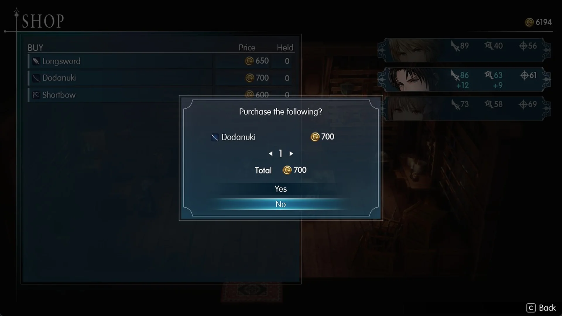 Purchase prompt for the Dodanuki with quantity and total cost