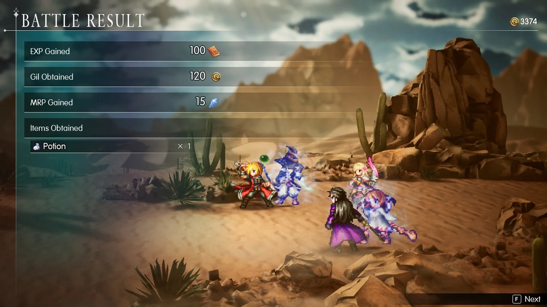 Poison Flora battle result: 100 EXP, 120 Gil, 15 MRP and a Potion