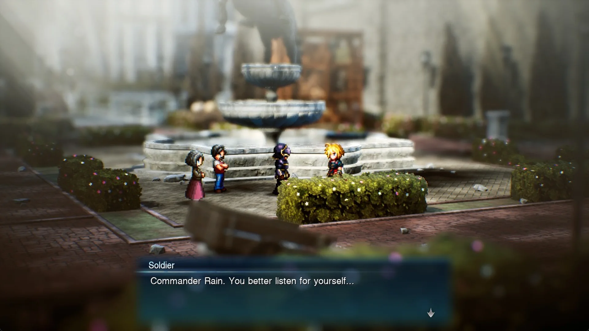 Soldier and townsfolk by the capital plaza fountain in Final Fantasy Resonance
