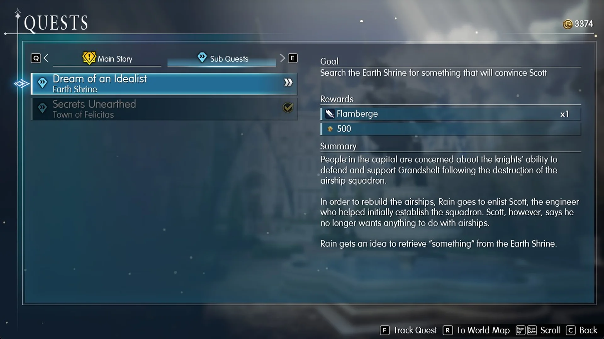 Dream of an Idealist in the Sub Quests tab with Flamberge and 500 Gil rewards