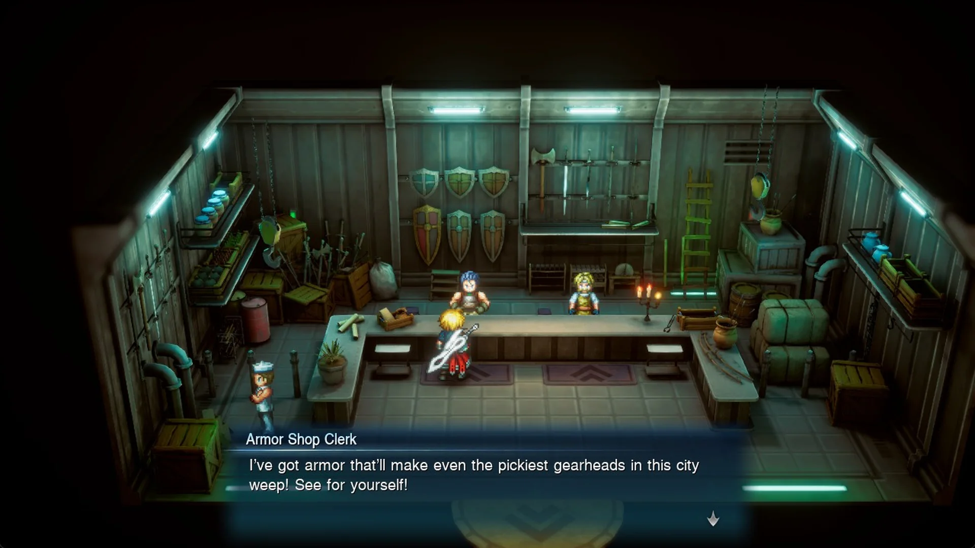Armor Shop Clerk greeting in the Dilmagia weapon and armor shop