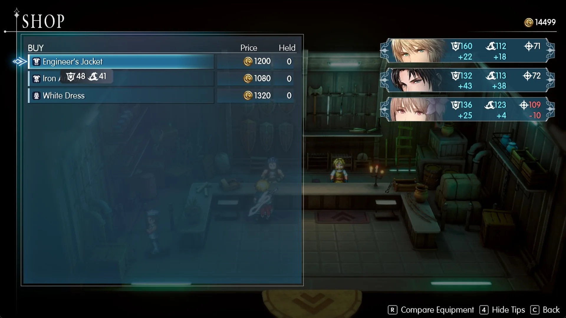 Dilmagia armor BUY list with Engineer's Jacket 1200, Iron Armor 1080 and White Dress 1320