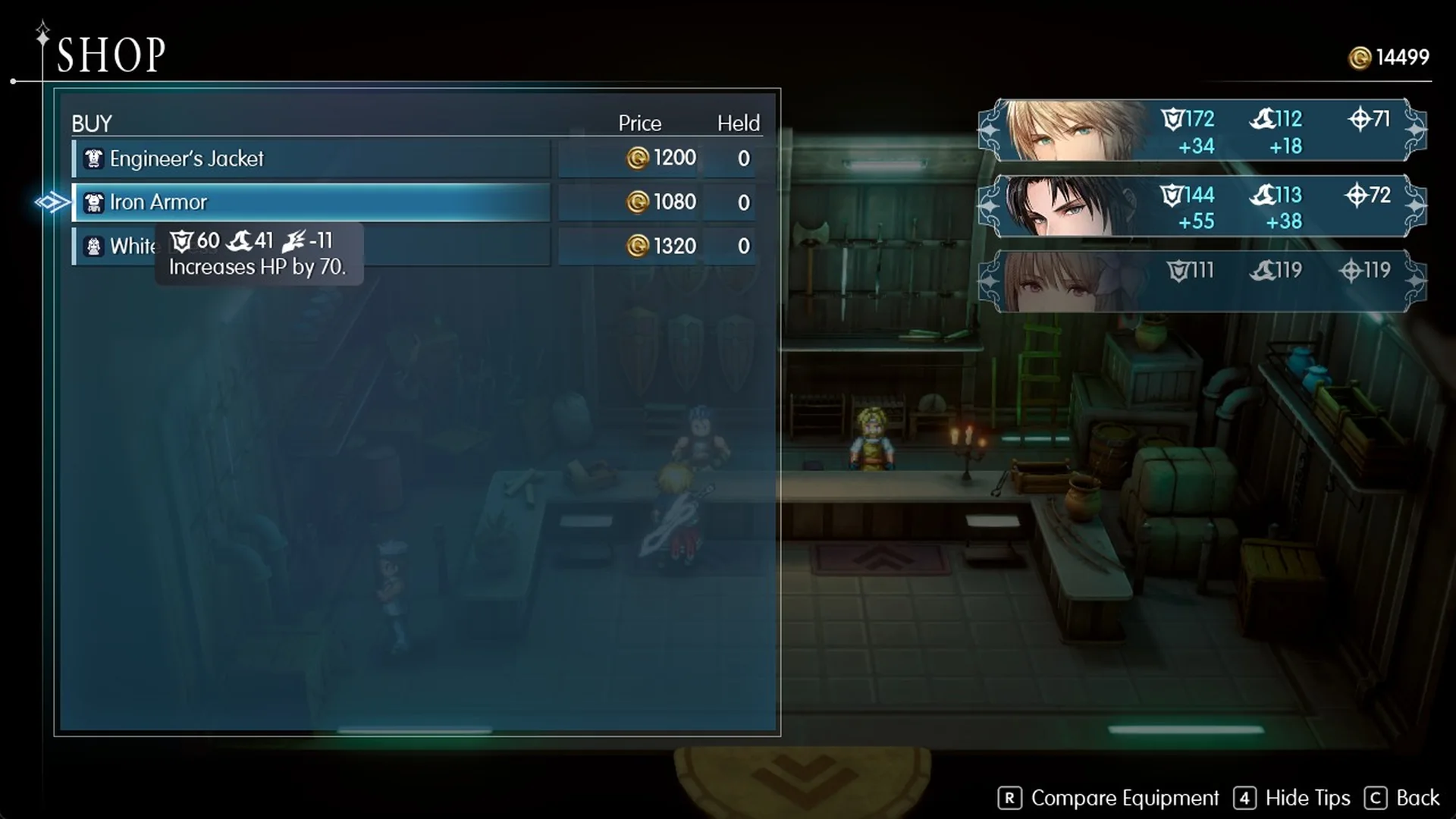 Iron Armor selected in the Dilmagia armor shop with the tooltip Increases HP by 70