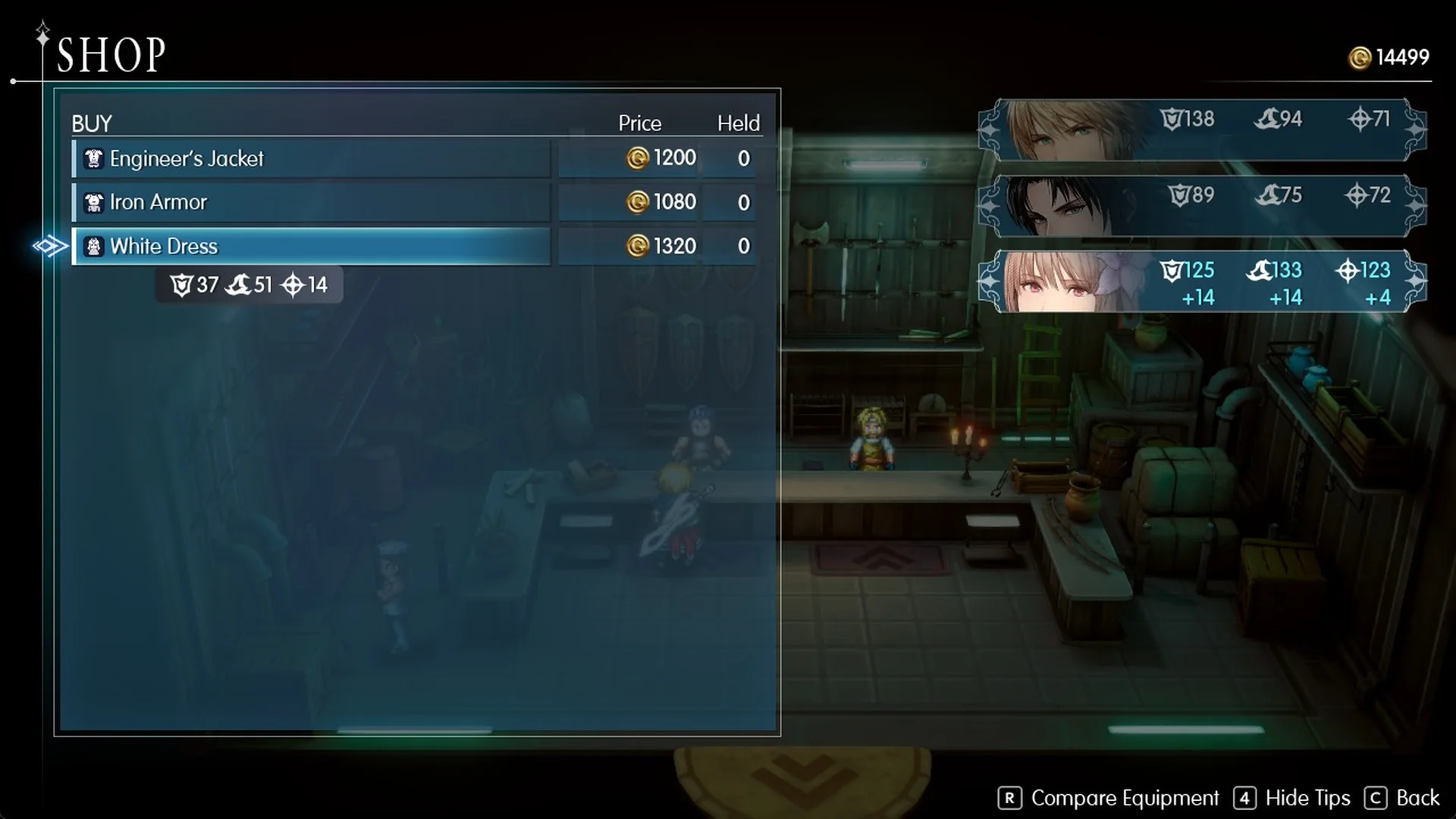 White Dress selected in the Dilmagia armor shop showing its defense and Sanctity