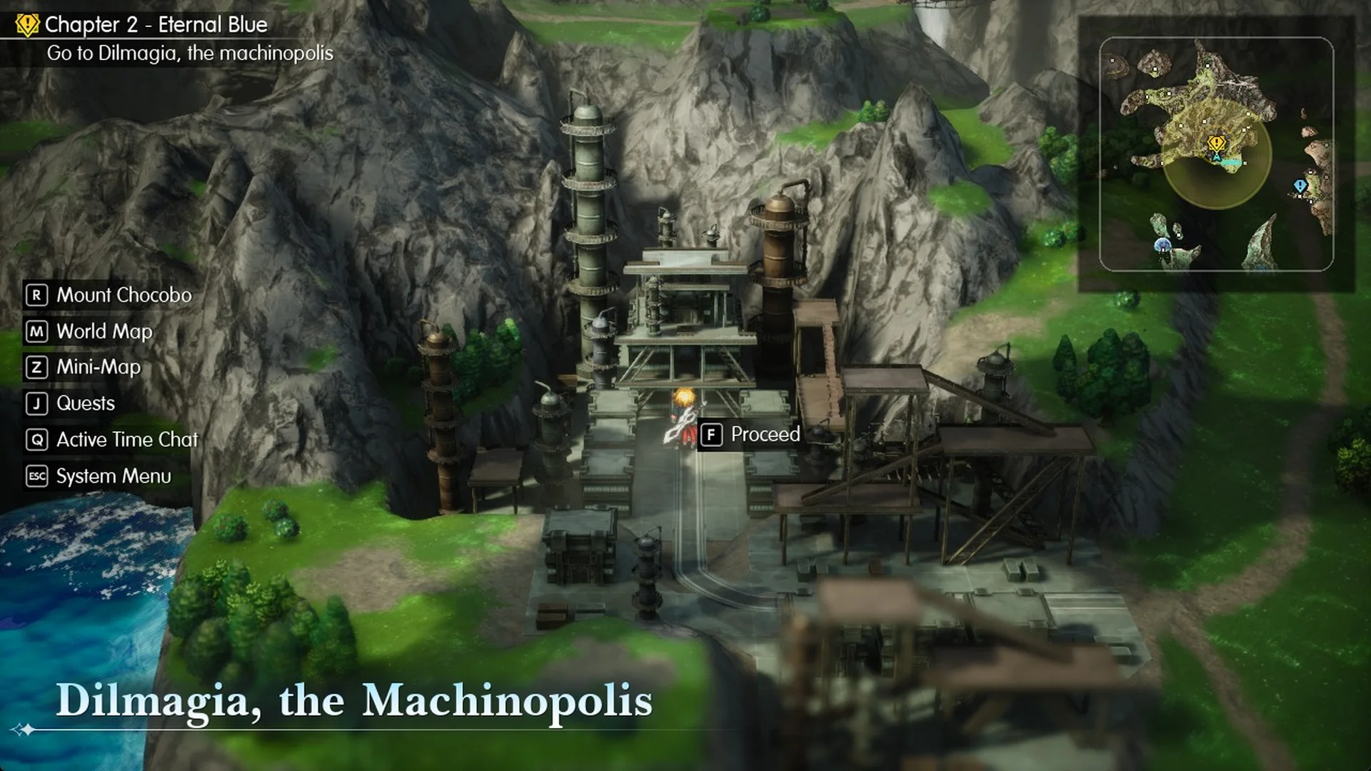 Dilmagia, the Machinopolis banner on the Dirnado World Map with the F Proceed prompt