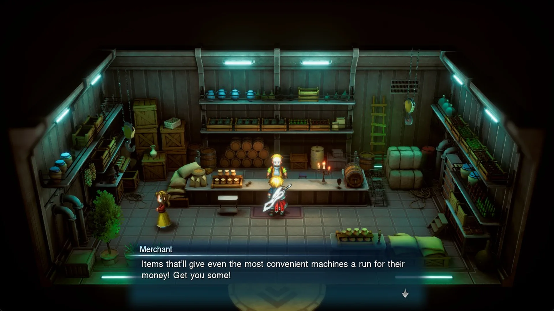 Merchant greeting inside the Dilmagia item shop
