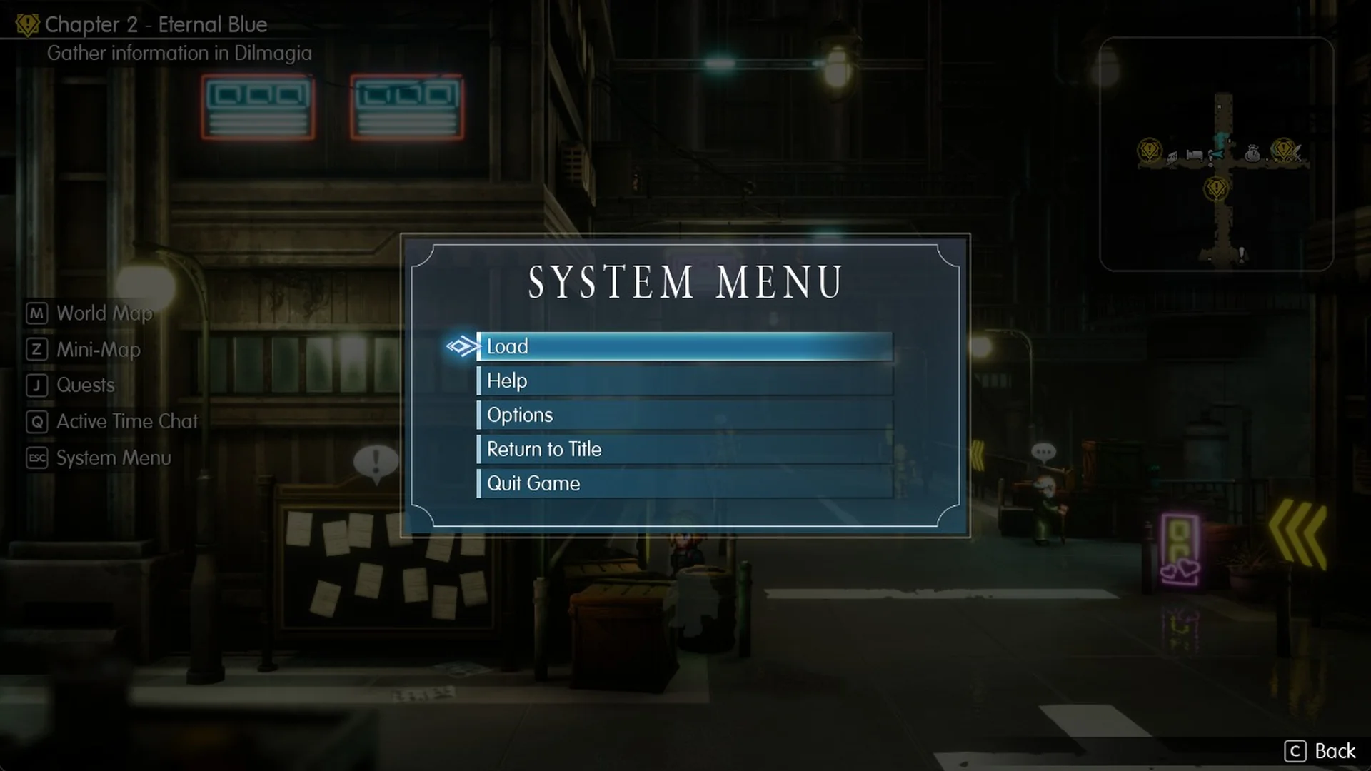 System Menu inside Dilmagia with Load, Help, Options, Return to Title and Quit Game but no Save