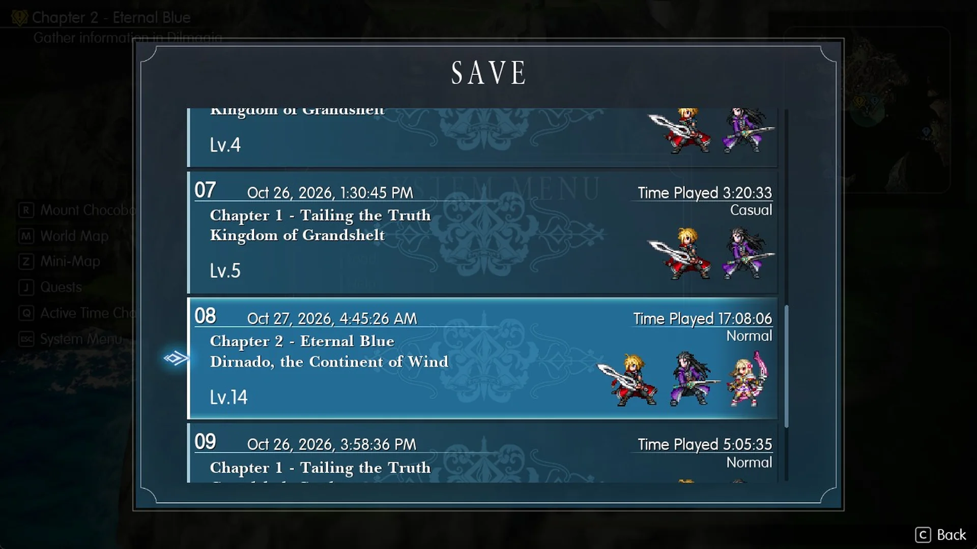 Save slot list on the World Map with a Chapter 2 save in Dirnado