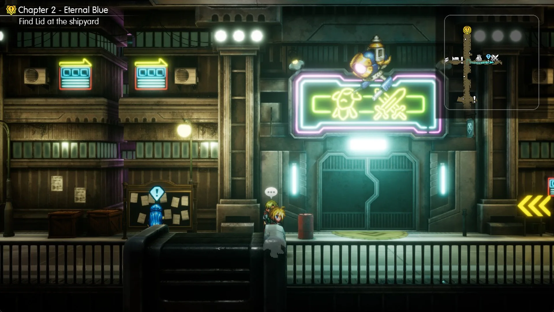 Steel door under a neon Moogle and crossed swords sign on Dilmagia's east branch