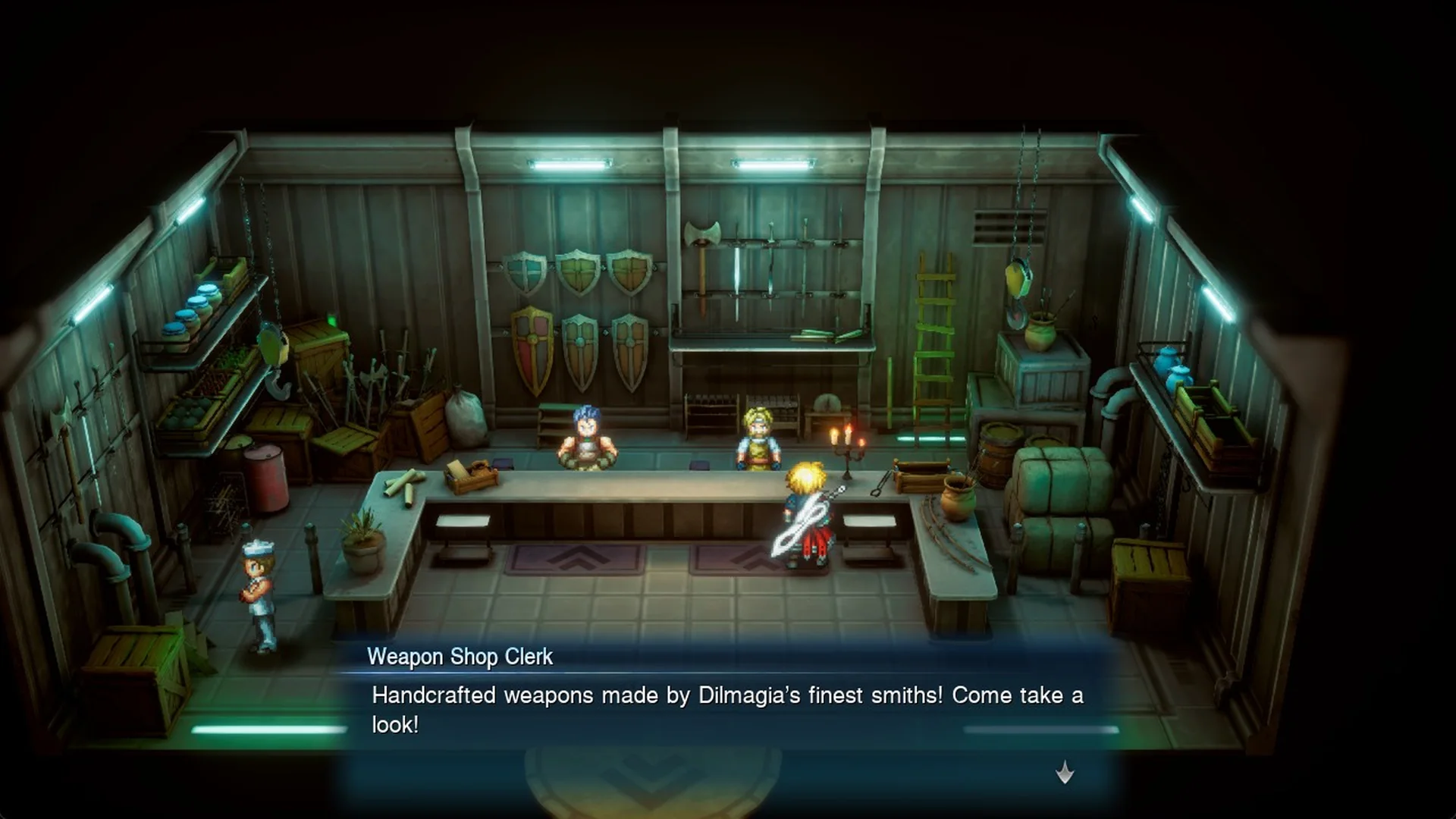 Weapon Shop Clerk greeting in the Dilmagia weapon and armor shop