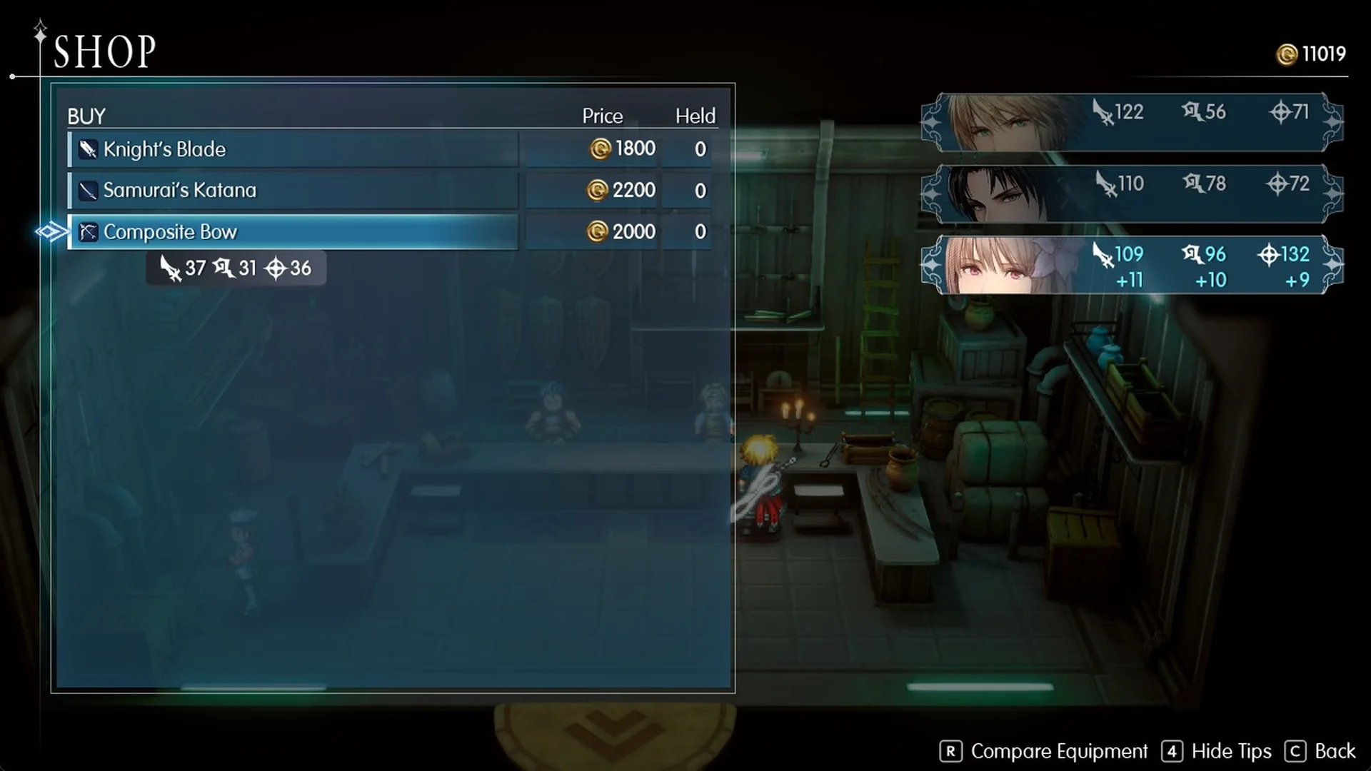 Composite Bow selected in the Dilmagia weapon shop showing its Sanctity