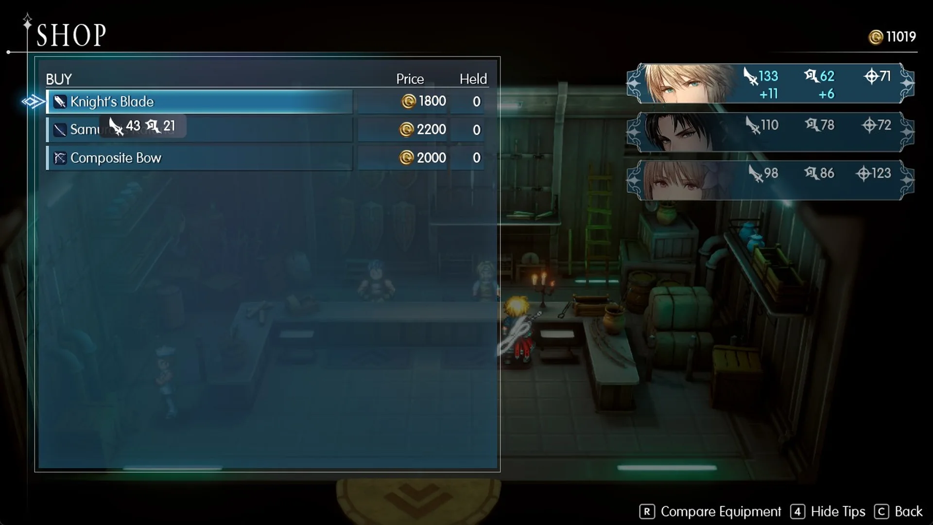 Dilmagia weapon BUY list with Knight's Blade 1800, Samurai's Katana 2200 and Composite Bow 2000