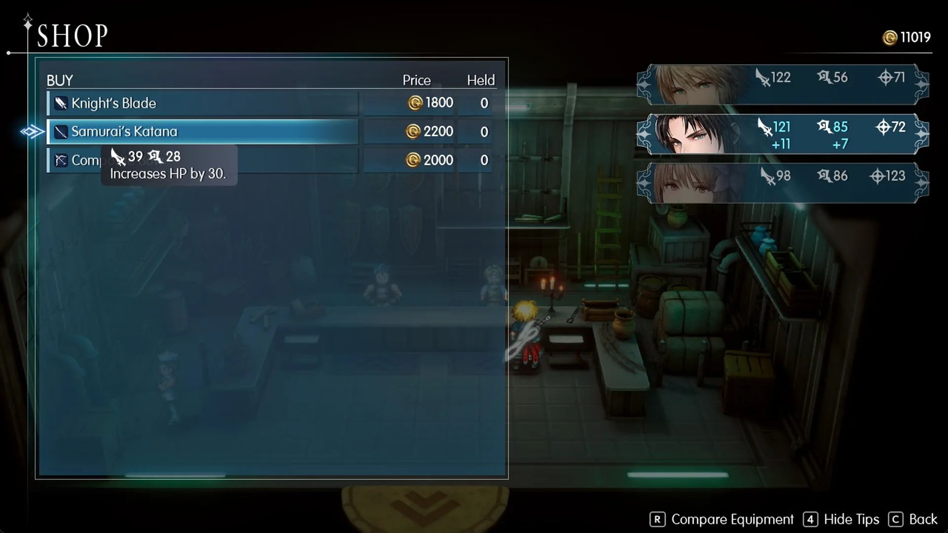 Samurai's Katana selected in the Dilmagia weapon shop with the tooltip Increases HP by 30