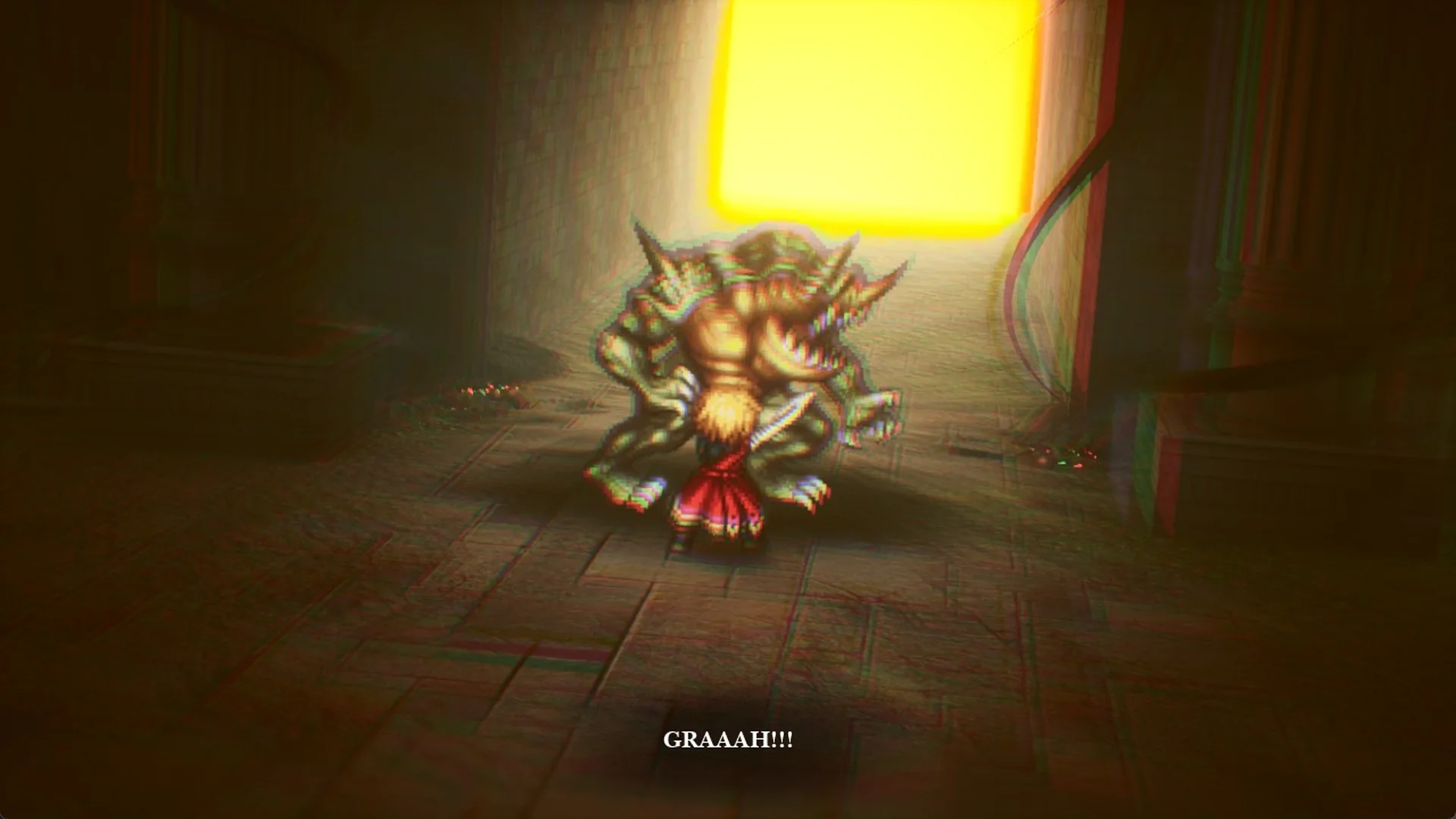 Belmodar roaring in front of the glowing Crystal Chamber doorway