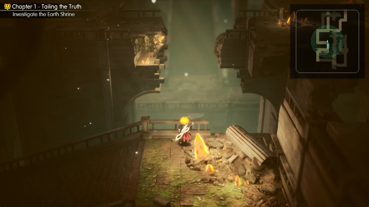 Rain on the broken bridge landing with crystals among the rubble