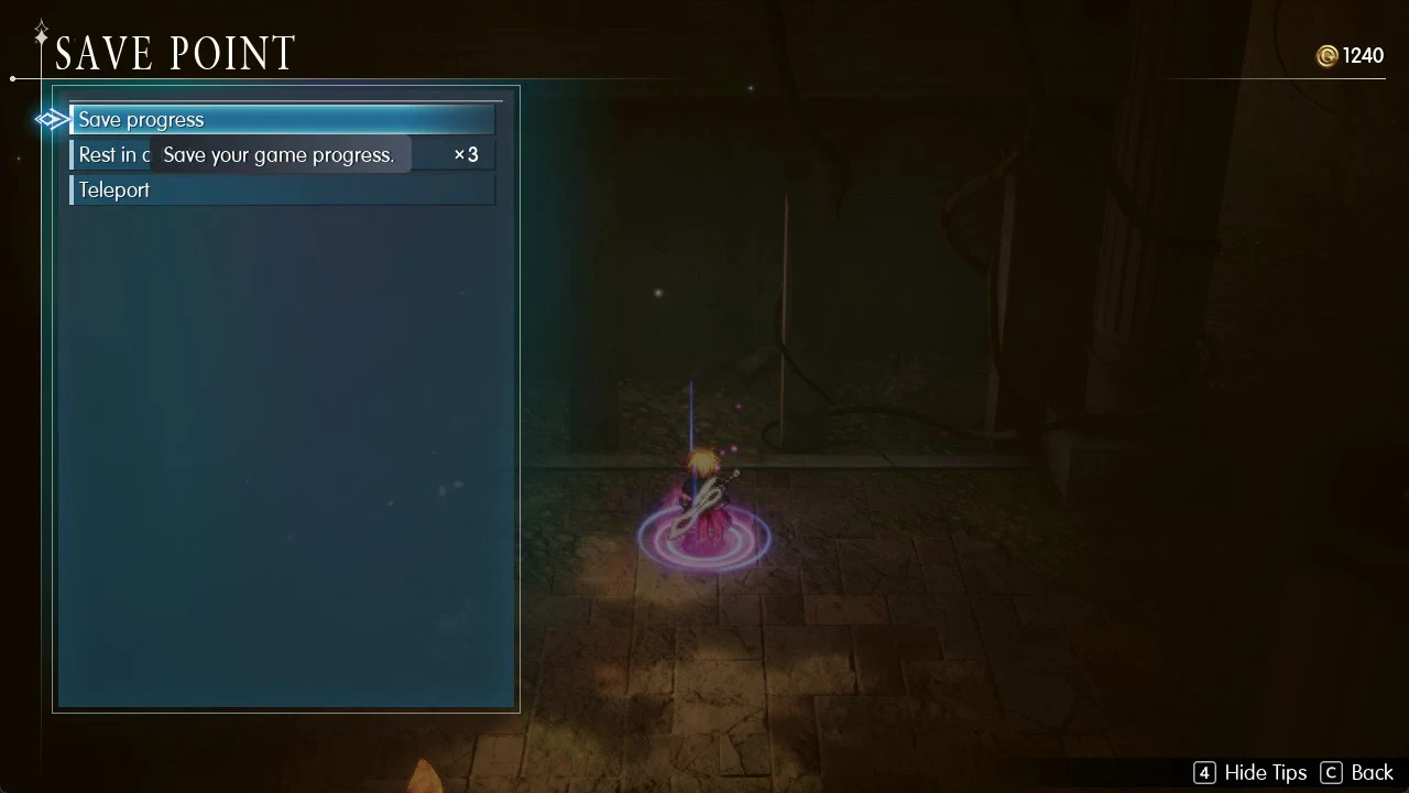 Save Point menu with Save progress, Rest in a tent and Teleport rows