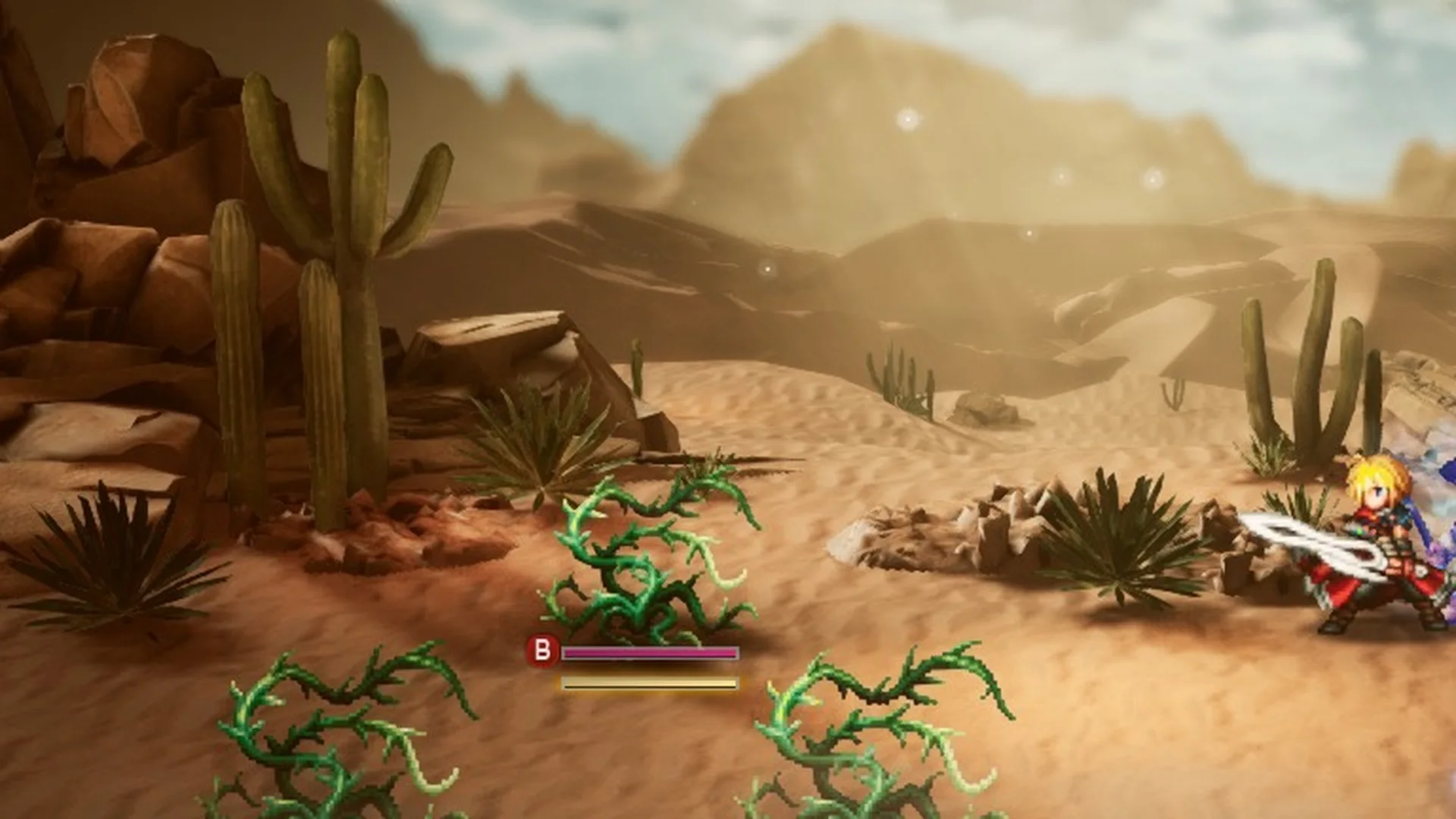 Rain facing three Human Trap plant enemies in a desert battle in Final Fantasy Resonance