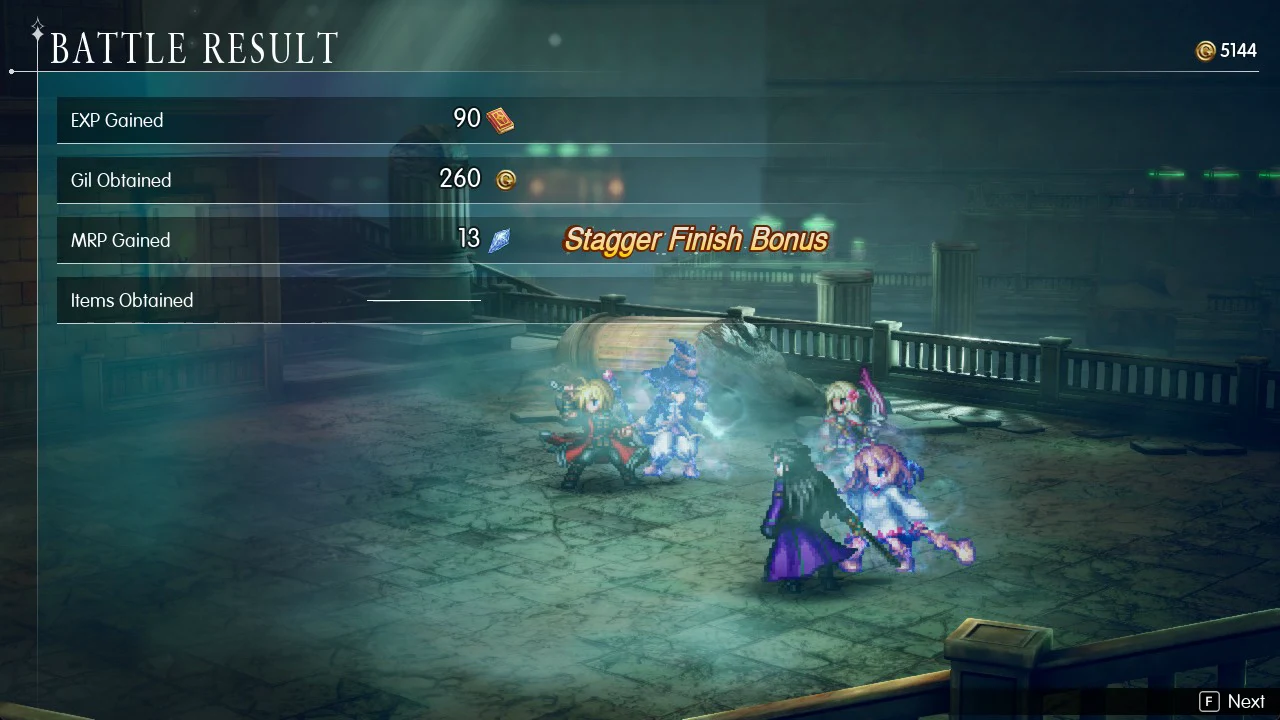 Battle Result screen listing EXP, Gil and MRP gained, including a Stagger Finish Bonus