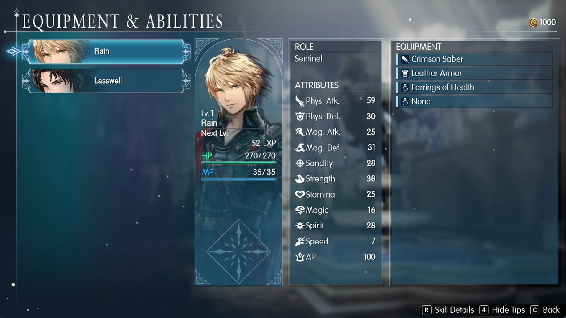 Final Fantasy Resonance Equipment and Abilities screen showing Rain at Lv.1 with role Sentinel, attributes and equipment