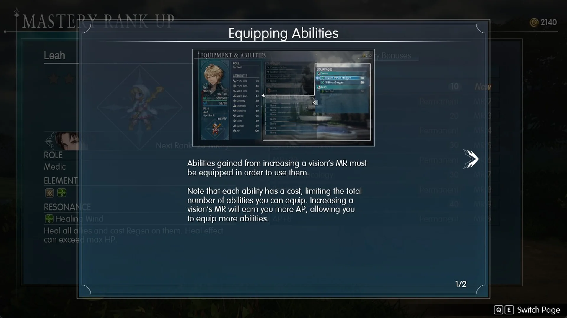 Equipping Abilities tutorial page 1 of 2 saying each ability has a cost and a higher MR earns more AP