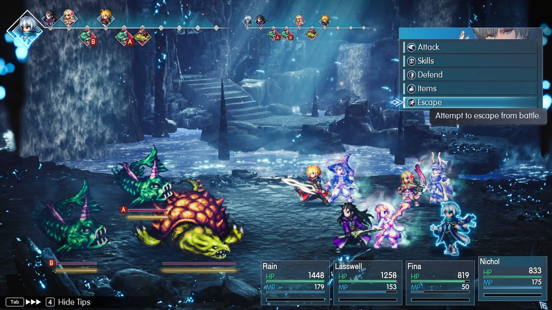 Battle command menu with Escape selected: Attempt to escape from battle.
