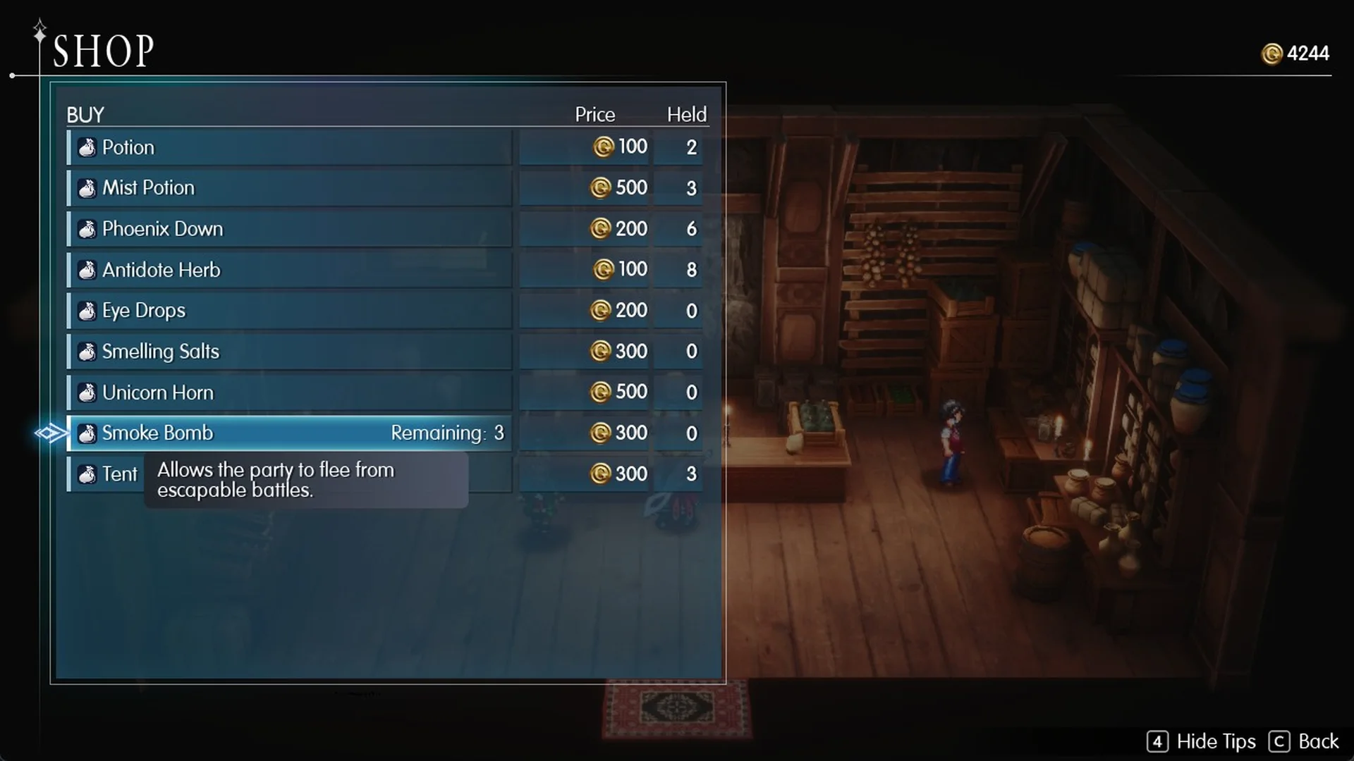 Felicitas item shop: Smoke Bomb 300 Gil, Allows the party to flee from escapable battles