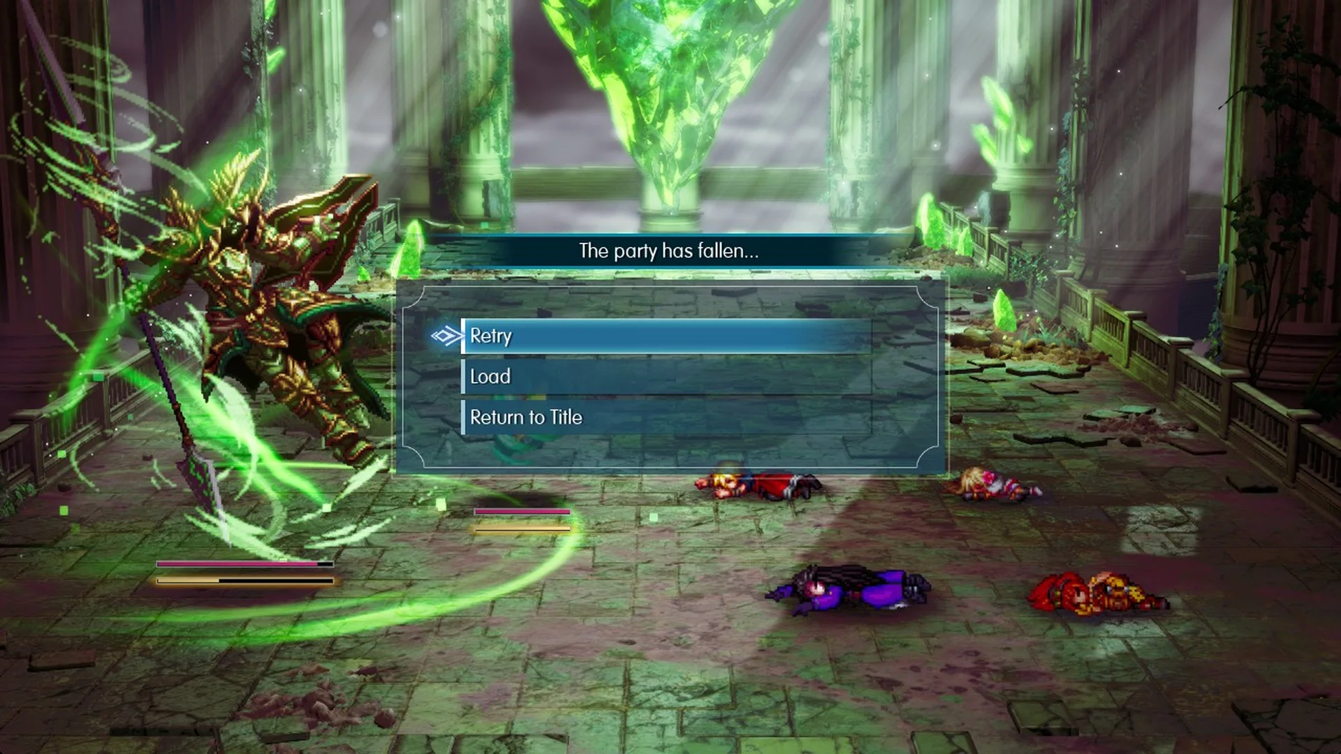 The party has fallen... with Retry, Load and Return to Title