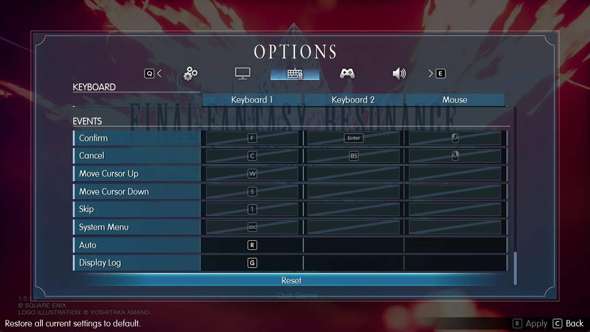 Final Fantasy Resonance Options Keyboard tab Events section with the 1, R and G keys