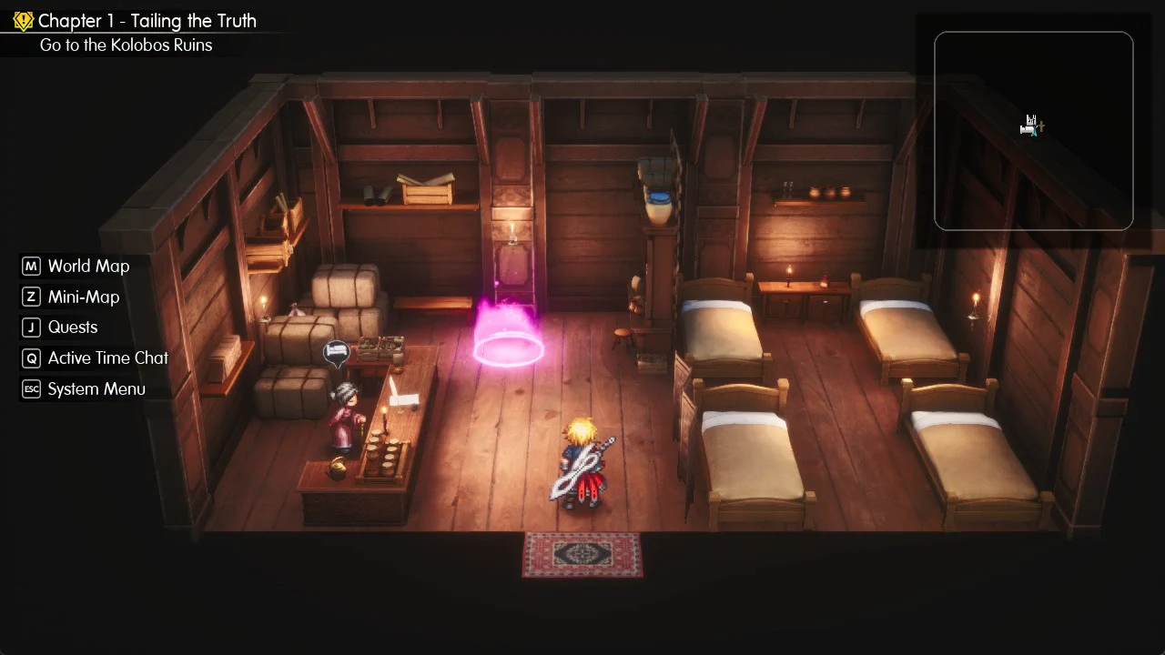 Rain inside the Felicitas inn beside the glowing save point with the Kolobos Ruins objective active