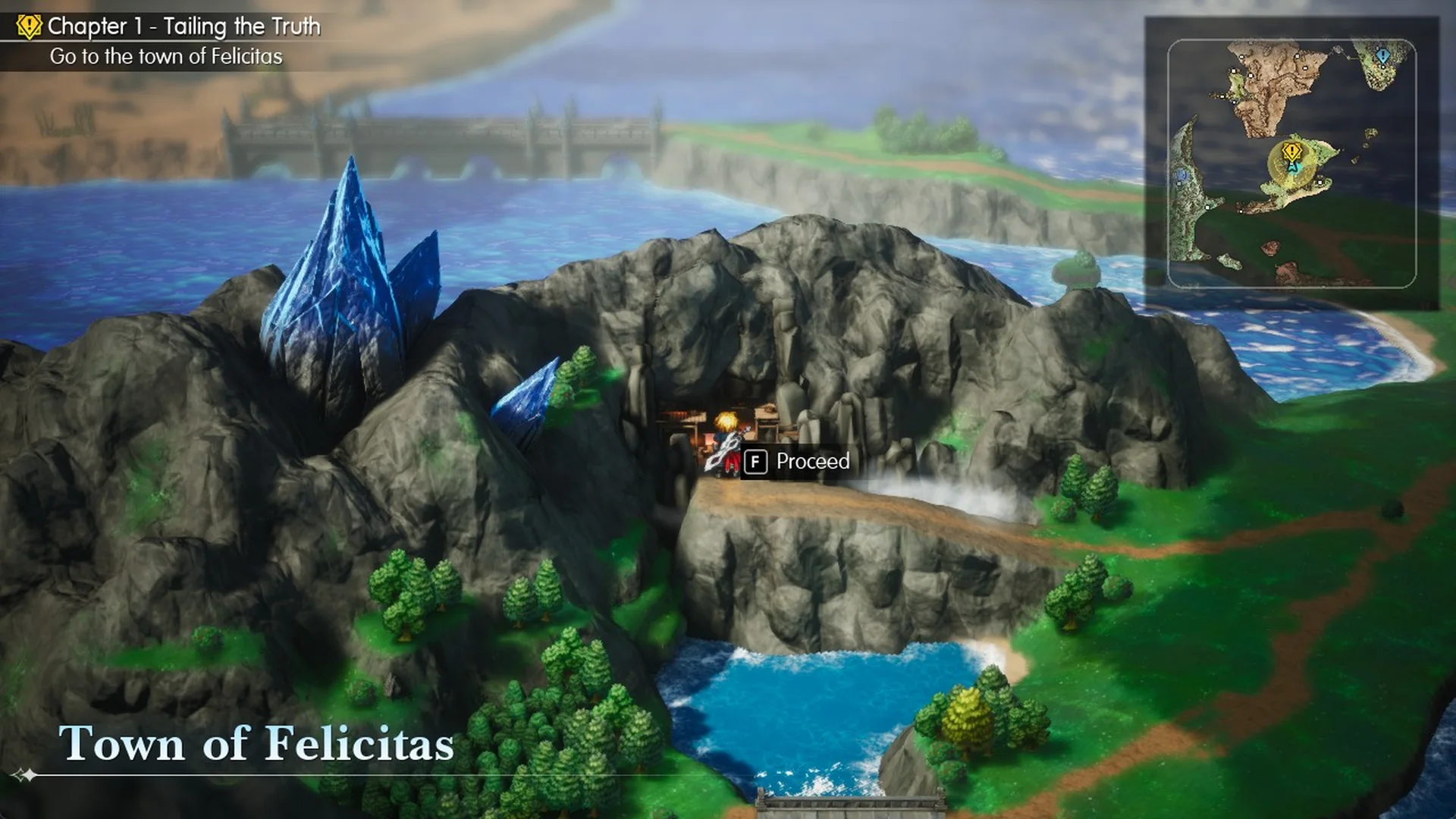 F Proceed prompt at the cave mouth in the cliff with the Town of Felicitas banner on the field
