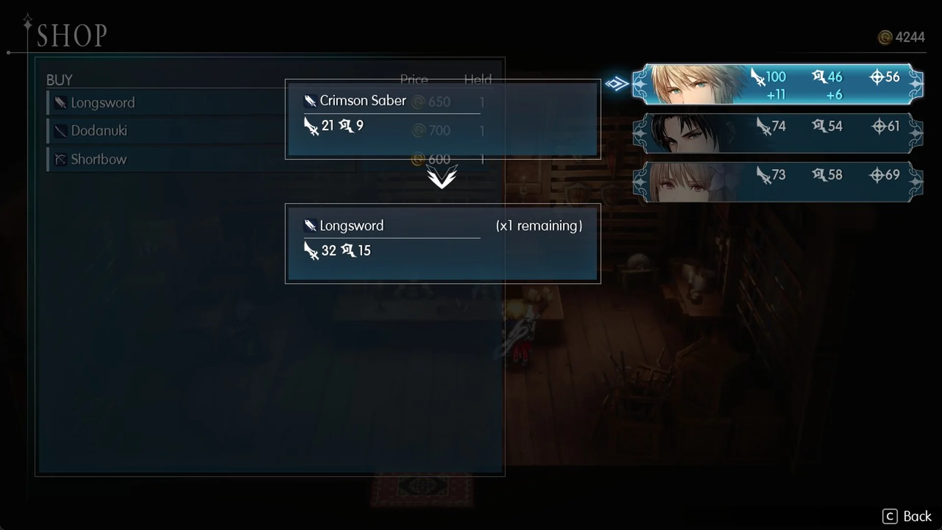 Equip swap card showing Crimson Saber 21 and 9 replaced by Longsword 32 and 15 on Rain