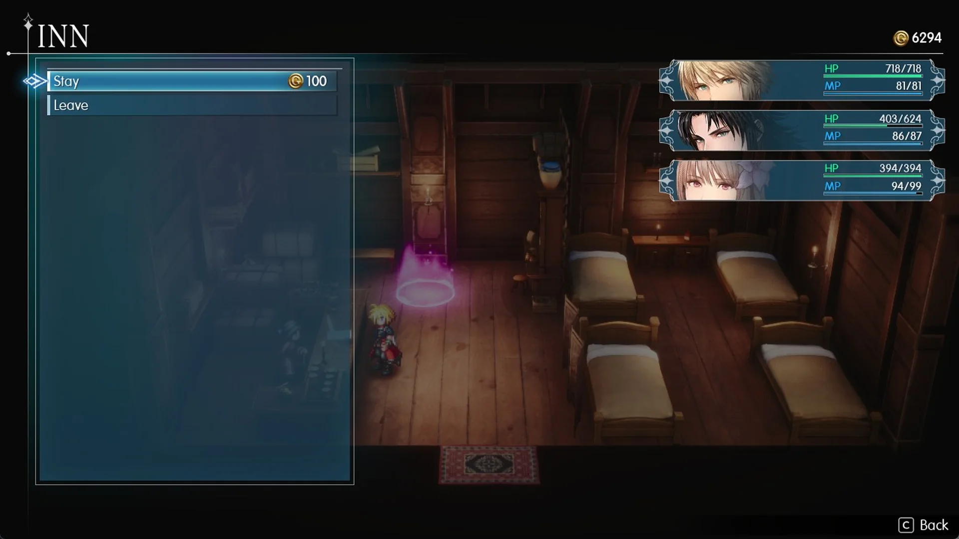 Felicitas INN menu with Stay highlighted at 100 Gil